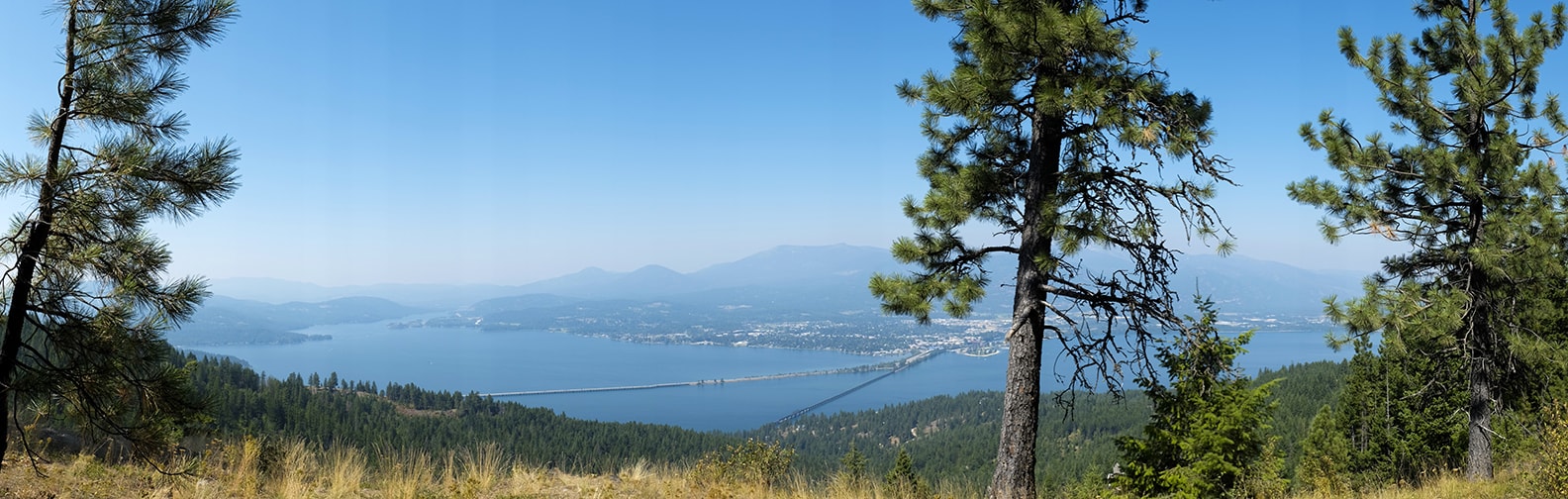 High on a mountain, the ariel view of Sandpoint and Lake Pen Oreille in Idaho.